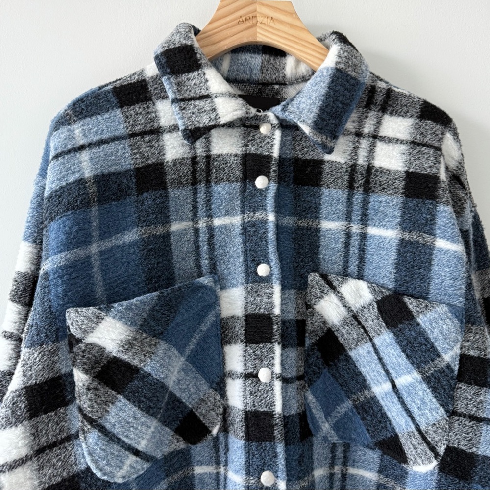 ZARA Blue Plaid Wool Blend Shacket Oversized Snap Button Jacket S - Picture 6 of 16